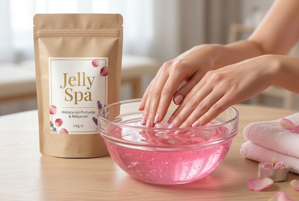 Manos sumergidas en gel rosado Jelly Spa para manicure