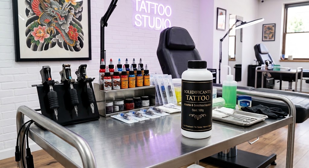 Taller de tatuajes limpio con frasco de Solidificante de Poliacrilato de Sodio